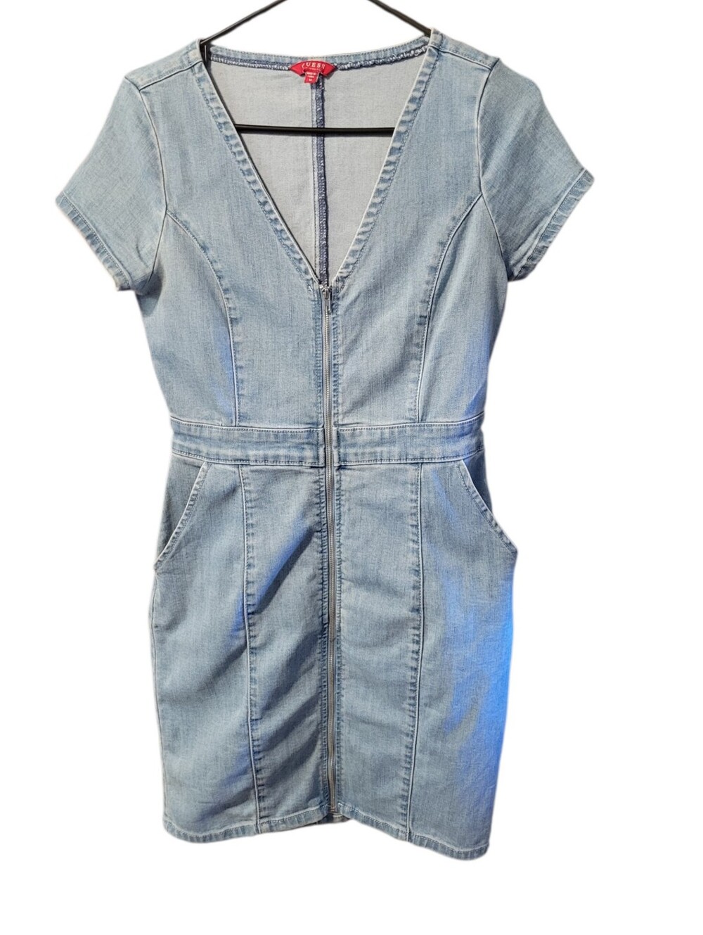 Guess Light Blue Denim V-Neck Zip Mini Dress - Picture 2 of 8